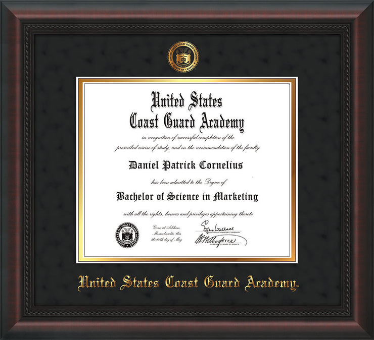 Image of United States Coast Guard Academy Diploma Frame - Mahogany Braid - w/USCGA Embossed Seal & Name - Black Suede on Gold mat