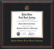 Image of United States Coast Guard Academy Diploma Frame - Mahogany Braid - w/USCGA Embossed Seal & Name - Black on Gold mat