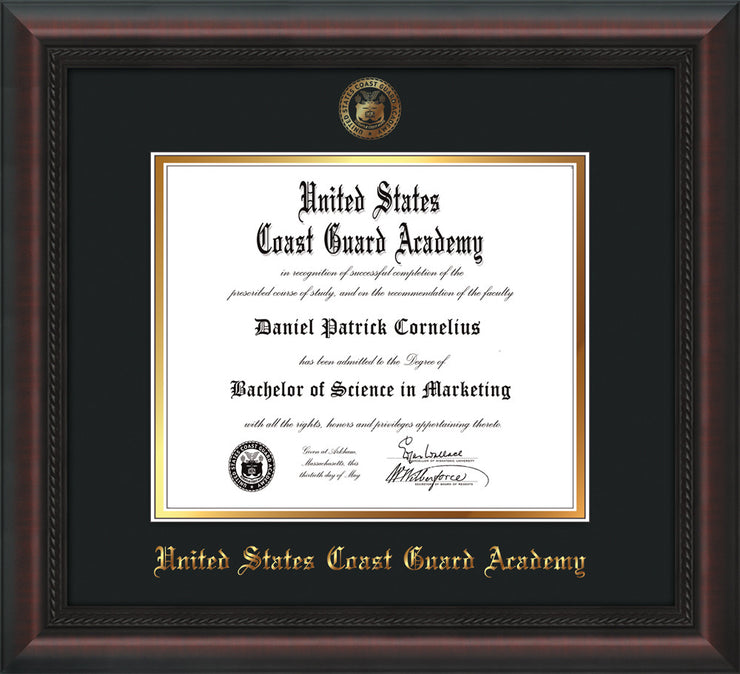 Image of United States Coast Guard Academy Diploma Frame - Mahogany Braid - w/USCGA Embossed Seal & Name - Black on Gold mat