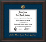 Image of United States Coast Guard Academy Diploma Frame - Mahogany Braid - w/USCGA Embossed Seal & Name - Navy Suede on Gold mat