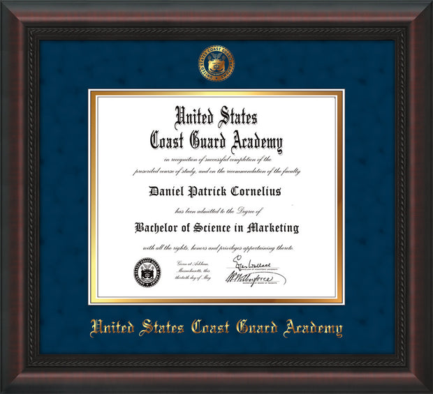 Image of United States Coast Guard Academy Diploma Frame - Mahogany Braid - w/USCGA Embossed Seal & Name - Navy Suede on Gold mat