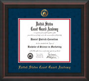 Image of United States Coast Guard Academy Diploma Frame - Mahogany Braid - w/USCGA Embossed Seal & Name - Navy Suede on Red mat
