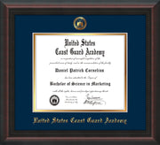Image of United States Coast Guard Academy Diploma Frame - Mahogany Braid - w/USCGA Embossed Seal & Name - Navy on Gold mat
