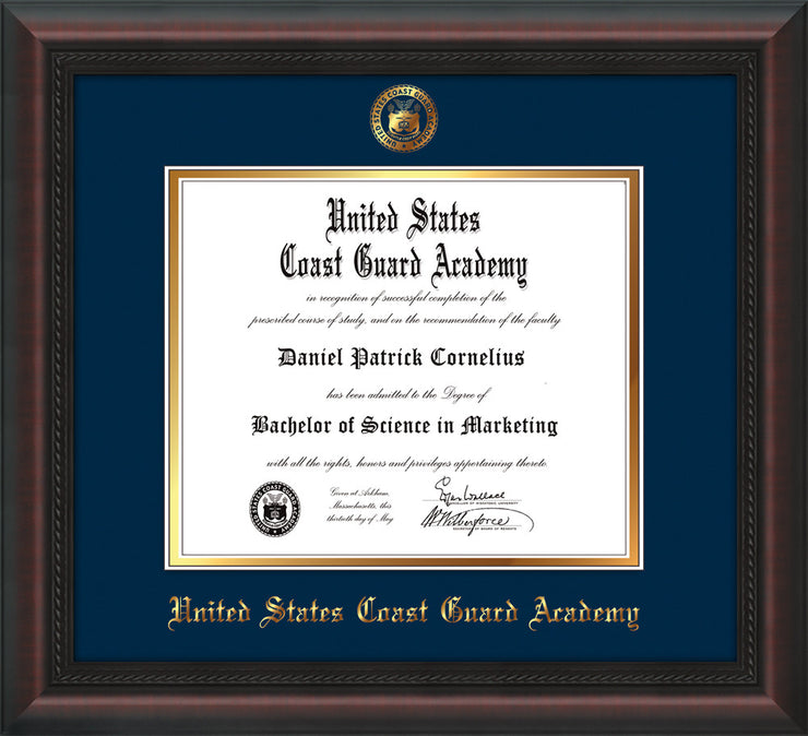 Image of United States Coast Guard Academy Diploma Frame - Mahogany Braid - w/USCGA Embossed Seal & Name - Navy on Gold mat