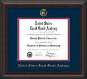 Image of United States Coast Guard Academy Diploma Frame - Mahogany Braid - w/USCGA Embossed Seal & Name - Navy on Red mat