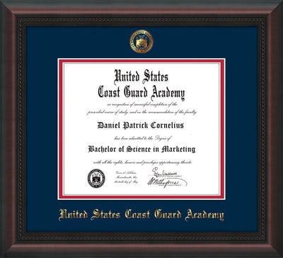 Image of United States Coast Guard Academy Diploma Frame - Mahogany Braid - w/USCGA Embossed Seal & Name - Navy on Red mat