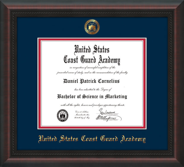 Image of United States Coast Guard Academy Diploma Frame - Mahogany Braid - w/USCGA Embossed Seal & Name - Navy on Red mat