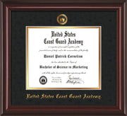 Image of United States Coast Guard Academy Diploma Frame - Mahogany Lacquer - w/USCGA Embossed Seal & Name - Black Suede on Gold mat