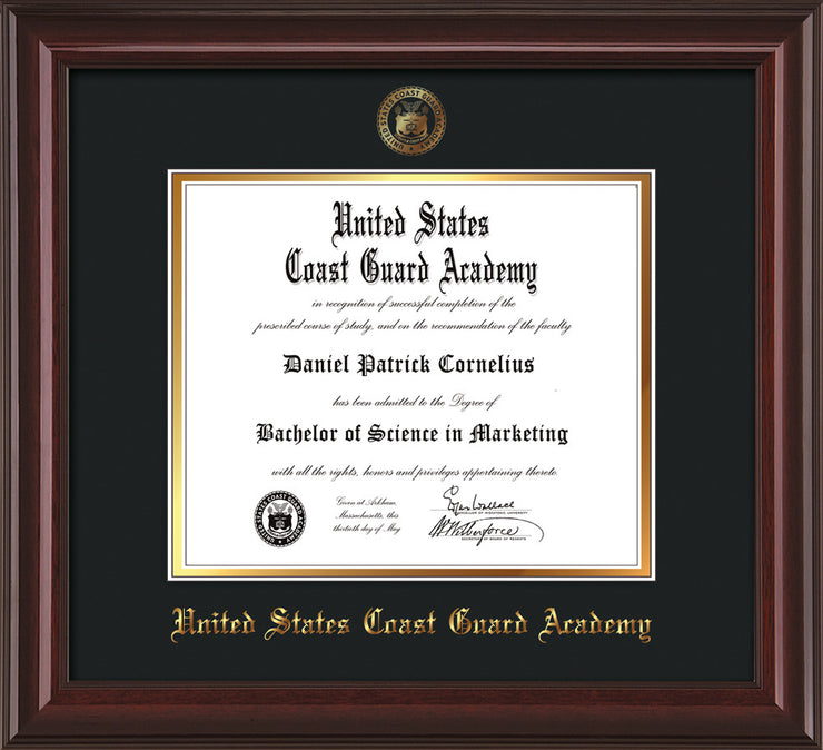 Image of United States Coast Guard Academy Diploma Frame - Mahogany Lacquer - w/USCGA Embossed Seal & Name - Black on Gold mat
