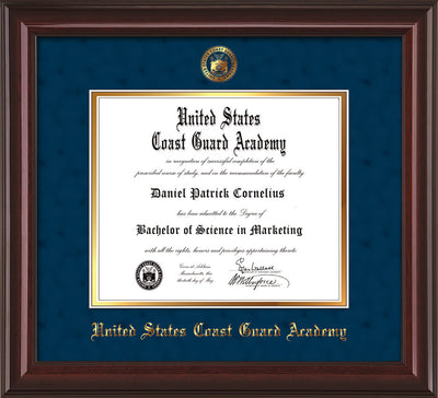 Image of United States Coast Guard Academy Diploma Frame - Mahogany Lacquer - w/USCGA Embossed Seal & Name - Navy Suede on Gold mat