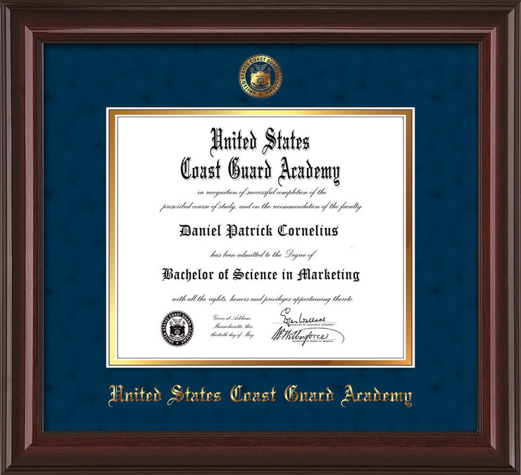 Image of United States Coast Guard Academy Diploma Frame - Mahogany Lacquer - w/USCGA Embossed Seal & Name - Navy Suede on Gold mat