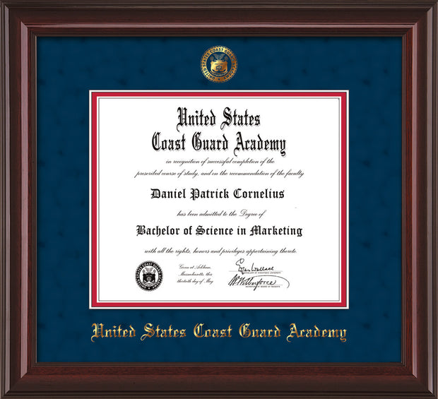 Image of United States Coast Guard Academy Diploma Frame - Mahogany Lacquer - w/USCGA Embossed Seal & Name - Navy Suede on Red mat