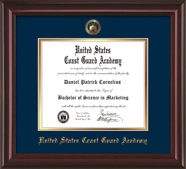 Image of United States Coast Guard Academy Diploma Frame - Mahogany Lacquer - w/USCGA Embossed Seal & Name - Navy on Gold mat