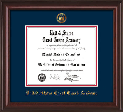 Image of United States Coast Guard Academy Diploma Frame - Mahogany Lacquer - w/USCGA Embossed Seal & Name - Navy on Red mat