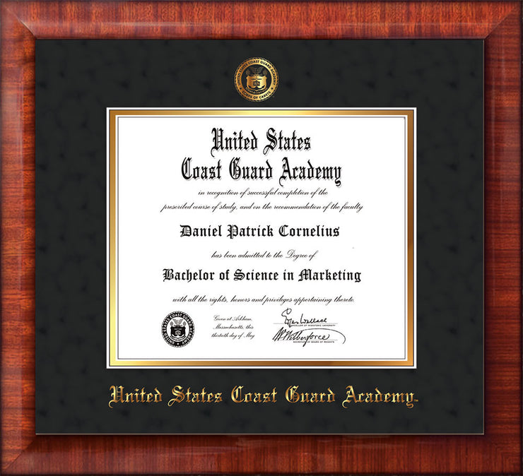 Image of United States Coast Guard Academy Diploma Frame - Mezzo Gloss - w/USCGA Embossed Seal & Name - Black Suede on Gold mat