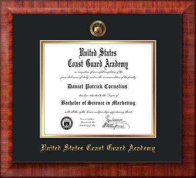 Image of United States Coast Guard Academy Diploma Frame - Mezzo Gloss - w/USCGA Embossed Seal & Name - Black on Gold mat