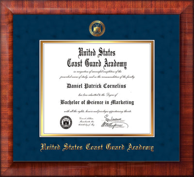 Image of United States Coast Guard Academy Diploma Frame - Mezzo Gloss - w/USCGA Embossed Seal & Name - Navy Suede on Gold mat