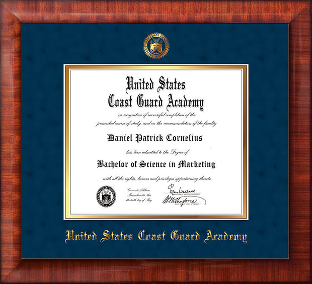 Image of United States Coast Guard Academy Diploma Frame - Mezzo Gloss - w/USCGA Embossed Seal & Name - Navy Suede on Gold mat