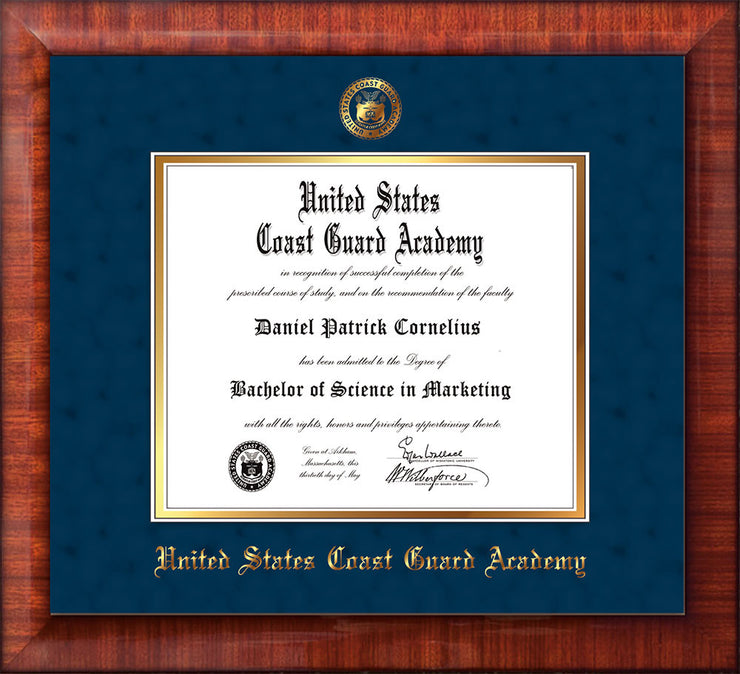 Image of United States Coast Guard Academy Diploma Frame - Mezzo Gloss - w/USCGA Embossed Seal & Name - Navy Suede on Gold mat