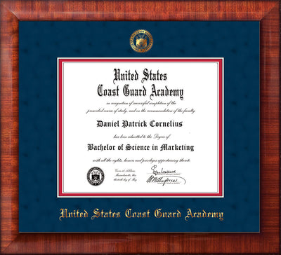 Image of United States Coast Guard Academy Diploma Frame - Mezzo Gloss - w/USCGA Embossed Seal & Name - Navy Suede on Red mat