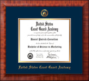 Image of United States Coast Guard Academy Diploma Frame - Mezzo Gloss - w/USCGA Embossed Seal & Name - Navy on Gold mat