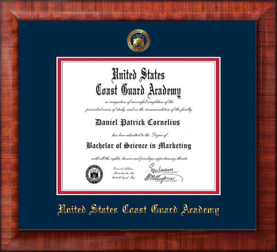 Image of United States Coast Guard Academy Diploma Frame - Mezzo Gloss - w/USCGA Embossed Seal & Name - Navy on Red mat