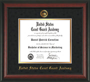 Image of United States Coast Guard Academy Diploma Frame - Rosewood - w/USCGA Embossed Seal & Name - Black Suede on Gold mat