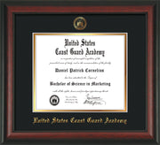 Image of United States Coast Guard Academy Diploma Frame - Rosewood - w/USCGA Embossed Seal & Name - Black on Gold mat