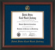 Image of United States Coast Guard Academy Diploma Frame - Rosewood - w/USCGA Embossed Seal & Name - Navy Suede on Gold mat