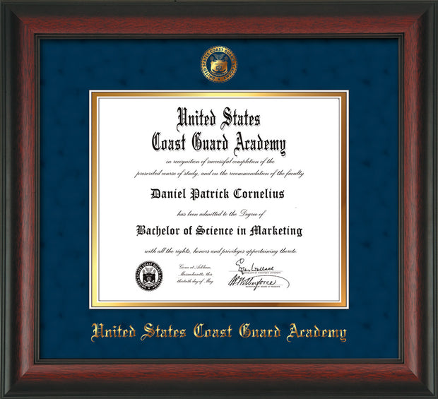 Image of United States Coast Guard Academy Diploma Frame - Rosewood - w/USCGA Embossed Seal & Name - Navy Suede on Gold mat