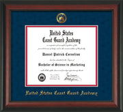 Image of United States Coast Guard Academy Diploma Frame - Rosewood - w/USCGA Embossed Seal & Name - Navy Suede on Red mat
