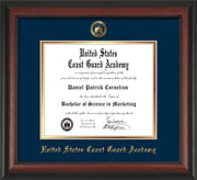 Image of United States Coast Guard Academy Diploma Frame - Rosewood - w/USCGA Embossed Seal & Name - Navy on Gold mat