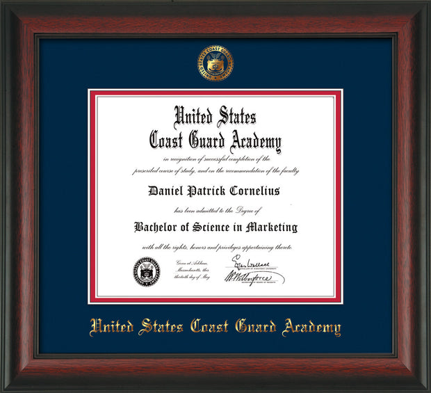 Image of United States Coast Guard Academy Diploma Frame - Rosewood - w/USCGA Embossed Seal & Name - Navy on Red mat