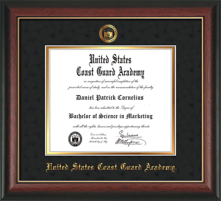 Image of United States Coast Guard Academy Diploma Frame - Rosewood w/Gold Lip - w/USCGA Embossed Seal & Name - Black Suede on Gold mat