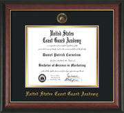 Image of United States Coast Guard Academy Diploma Frame - Rosewood w/Gold Lip - w/USCGA Embossed Seal & Name - Black on Gold mat