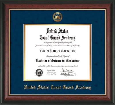 Image of United States Coast Guard Academy Diploma Frame - Rosewood w/Gold Lip - w/USCGA Embossed Seal & Name - Navy Suede on Gold mat