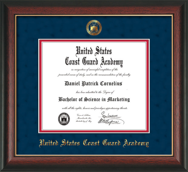 Image of United States Coast Guard Academy Diploma Frame - Rosewood w/Gold Lip - w/USCGA Embossed Seal & Name - Navy Suede on Red mat