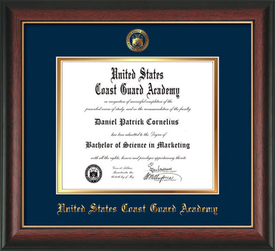 Image of United States Coast Guard Academy Diploma Frame - Rosewood w/Gold Lip - w/USCGA Embossed Seal & Name - Navy on Gold mat
