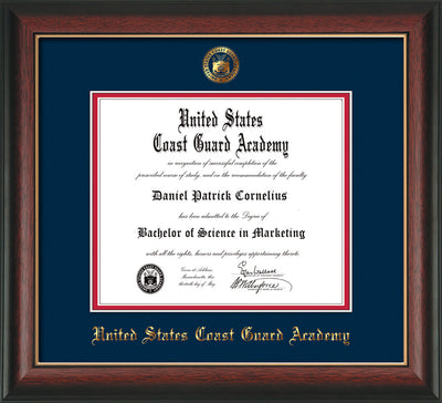 Image of United States Coast Guard Academy Diploma Frame - Rosewood w/Gold Lip - w/USCGA Embossed Seal & Name - Navy on Red mat