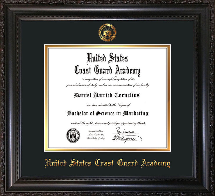 Image of United States Coast Guard Academy Diploma Frame - Vintage Black Scoop - w/USCGA Embossed Seal & Name - Black on Gold mat