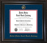 Image of United States Coast Guard Academy Diploma Frame - Vintage Black Scoop - w/USCGA Embossed Seal & Name - Navy Suede on Red mat