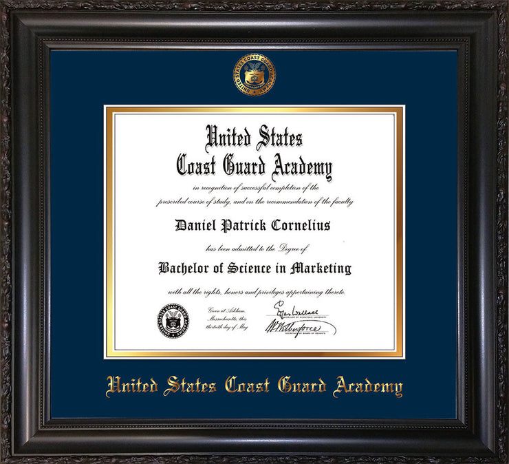 Image of United States Coast Guard Academy Diploma Frame - Vintage Black Scoop - w/USCGA Embossed Seal & Name - Navy on Gold mat