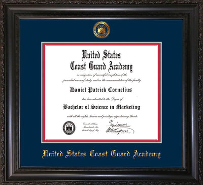 Image of United States Coast Guard Academy Diploma Frame - Vintage Black Scoop - w/USCGA Embossed Seal & Name - Navy on Red mat