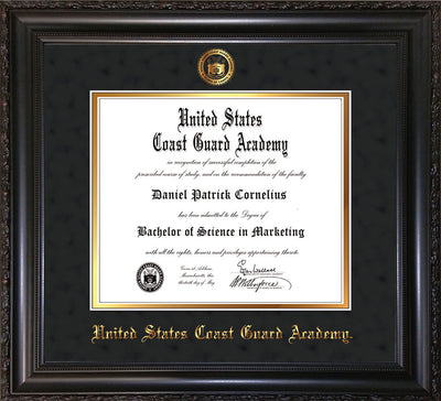 Image of United States Coast Guard Academy Diploma Frame - Vintage Black Scoop - w/USCGA Embossed Seal & Name - Black Suede on Gold mat