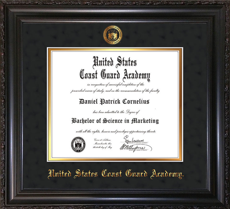 Image of United States Coast Guard Academy Diploma Frame - Vintage Black Scoop - w/USCGA Embossed Seal & Name - Black Suede on Gold mat