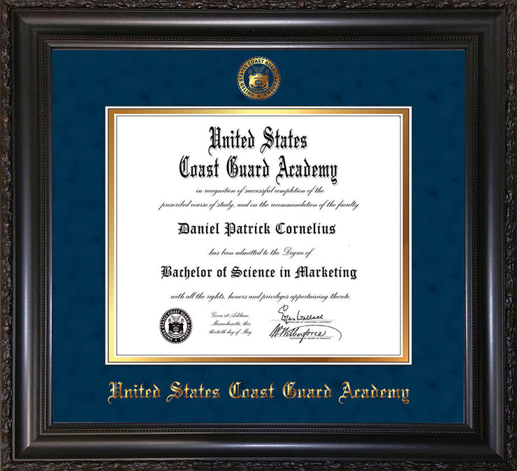 Image of United States Coast Guard Academy Diploma Frame - Vintage Black Scoop - w/USCGA Embossed Seal & Name - Navy Suede on Gold mat