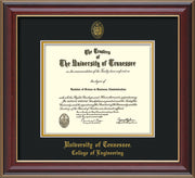 Image of University of Tennessee Diploma Frame - Cherry Lacquer - w/UT Seal & College of Engineering Name Embossing - Black on Gold Mat