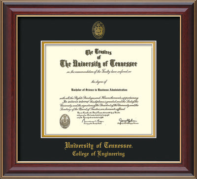 Image of University of Tennessee Diploma Frame - Cherry Lacquer - w/UT Seal & College of Engineering Name Embossing - Black on Gold Mat