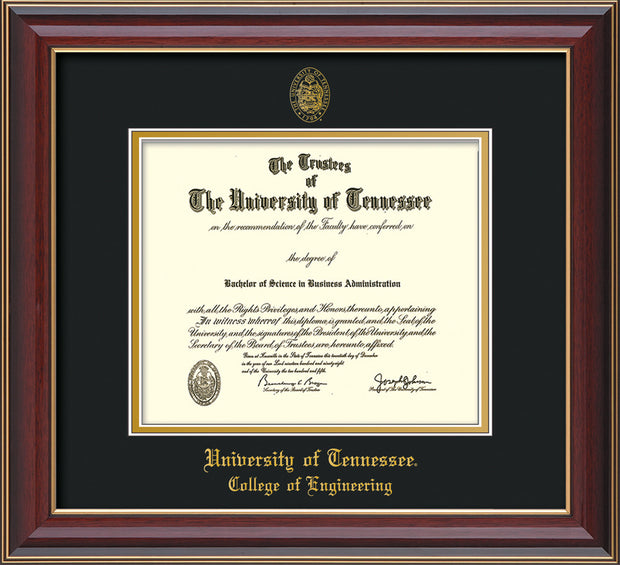Image of University of Tennessee Diploma Frame - Cherry Lacquer - w/UT Seal & College of Engineering Name Embossing - Black on Gold Mat