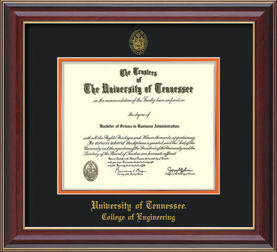 Image of University of Tennessee Diploma Frame - Cherry Lacquer - w/UT Seal & College of Engineering Name Embossing - Black on Orange Mat